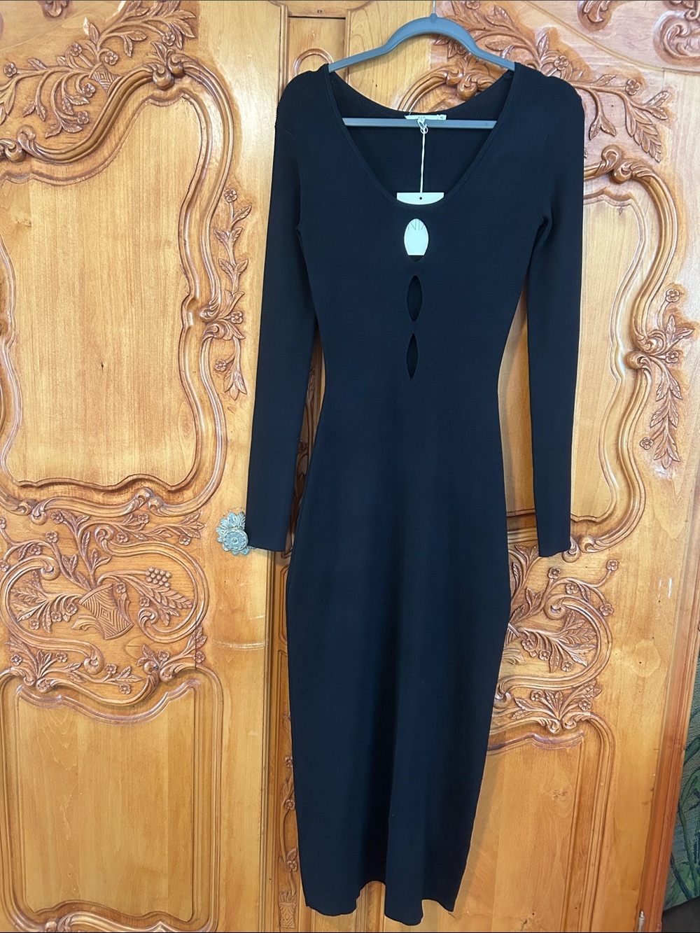 Black Long Sleeve Bodycon Midi Dress with Keyhole Detail by NIA The Brand